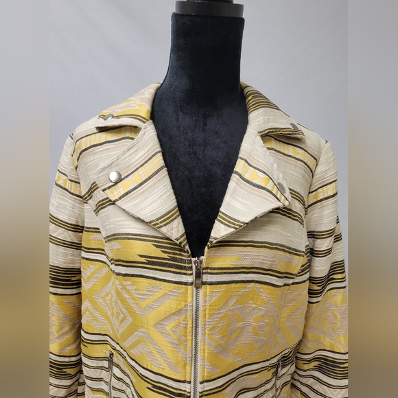 Chicos Size 2 (large 12) Aztec Jacquard Moto Jacket Yellow & Beige New $139. - Picture 2 of 11
